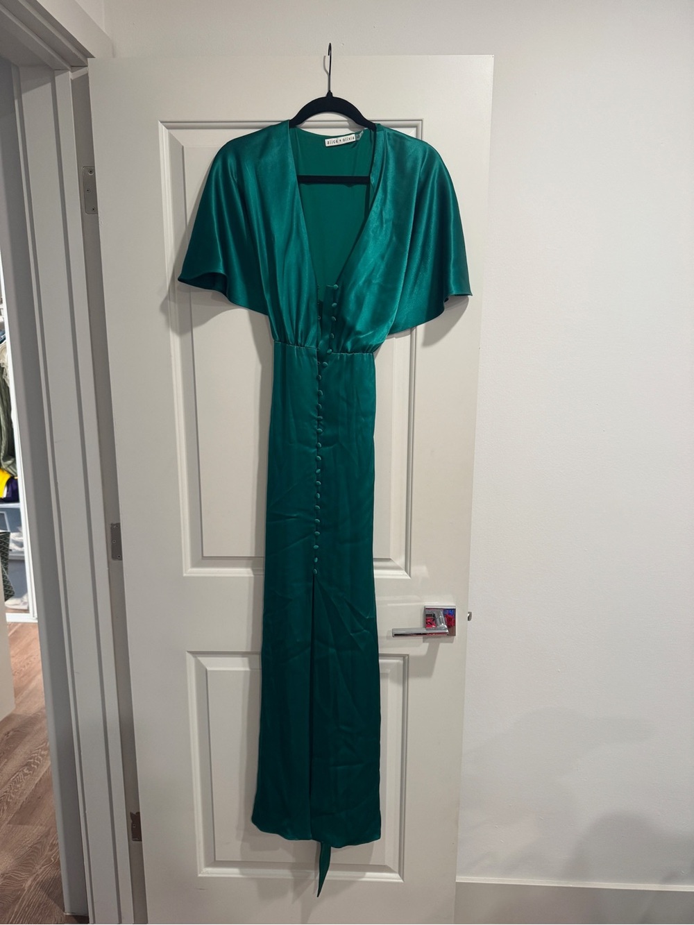 Alice + Olivia Emerald Satin Button-Front Maxi Dress